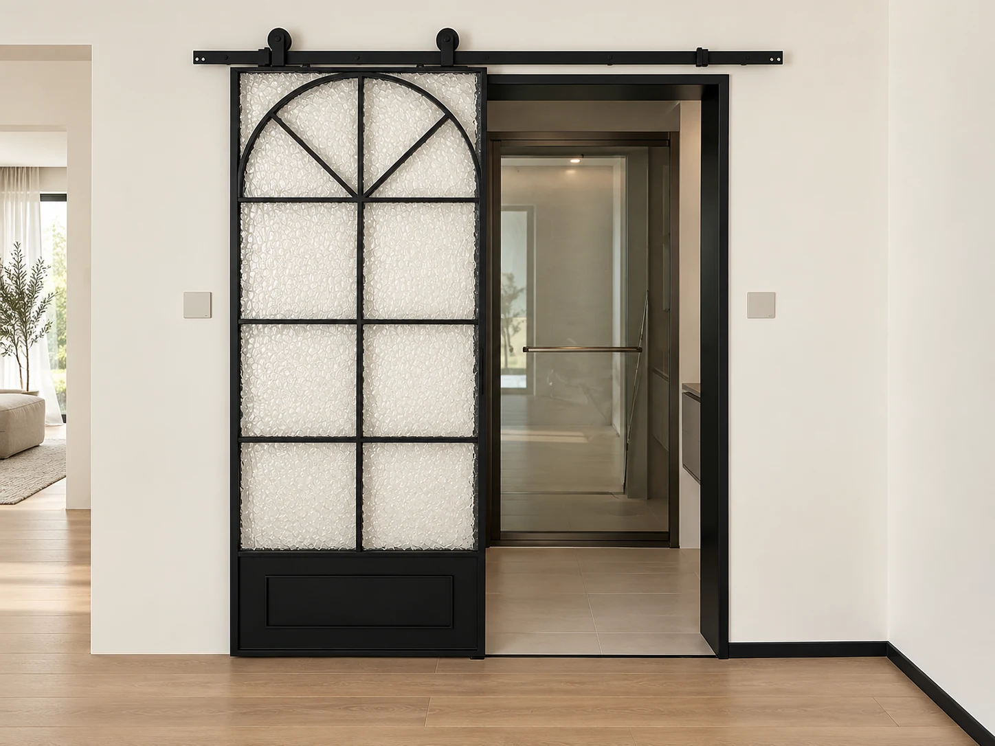 Black barn style sliding glass door